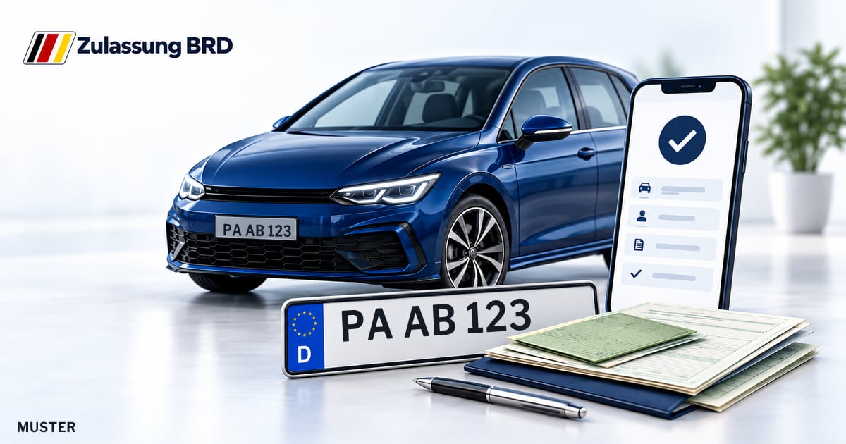 Online Fahrzeugzulassung in Hauzenberg: Musterkennzeichen PA AB 123, Auto und Fahrzeugpapiere und Smartphone. Illustration mit Logo von Zulassung BRD.
